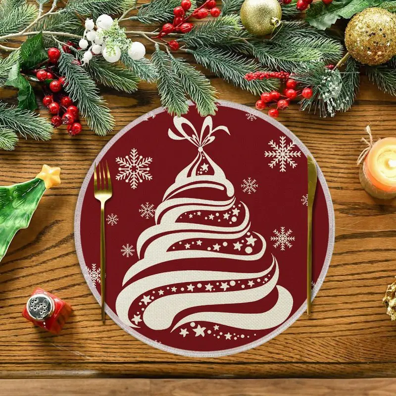 VIKAMA Cream Buffalo Plaid Tree Round Placemat Red Black Check Star Merry Text Farmhouse Xmas Table Mat Lightweight Soft Durable