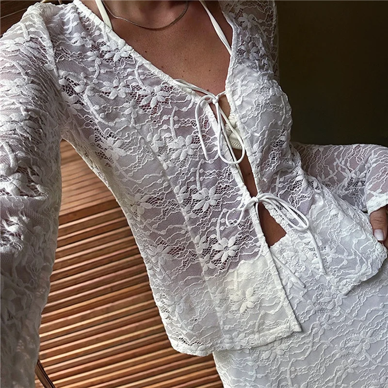 

【SEE】Women's Tie Front Tops Sheer Mesh Bell Long Sleeve Blouse Shirt Crop Top