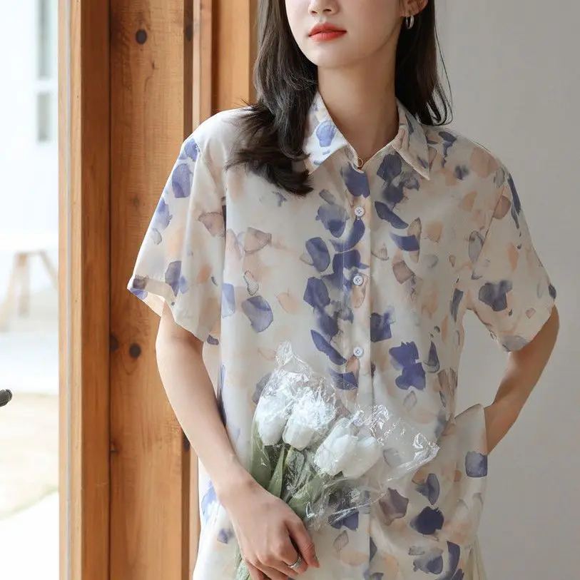 Chemise à manches courtes en mousseline de soie pour femmes, ample et décontractée, Style de vacances, imprimé rétro, pour les déplacements d'été