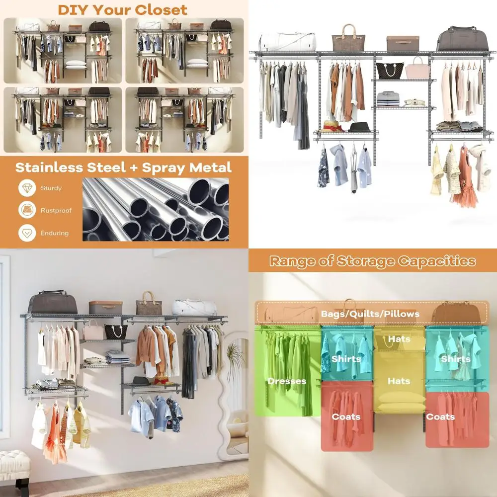 

Gray Wall-Mounted Adjustable Closet Organizer with Hanging Rods for Clothes, Coats, Pillows, and Blankets (98.5x13.5x48)