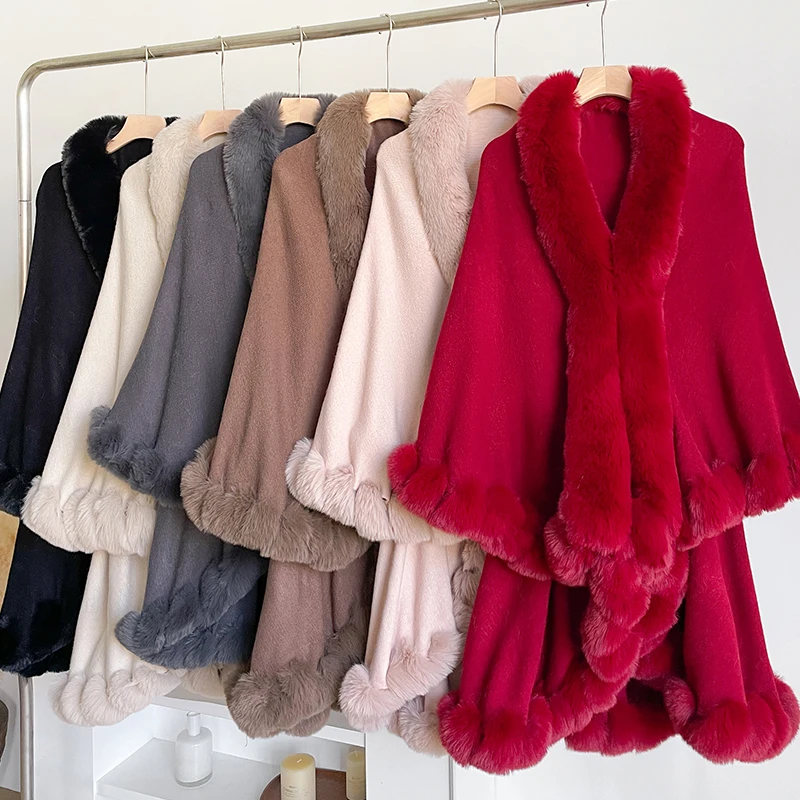 Neuer Winter-Umhang aus verdickter Nerzwolle mit vollen Borten, Kunstpelz-Umhang – Damen-Umhang mit Kapuze, lockerer Fleece-Umhang, Mantel, Partykleid, warm – Detail 1