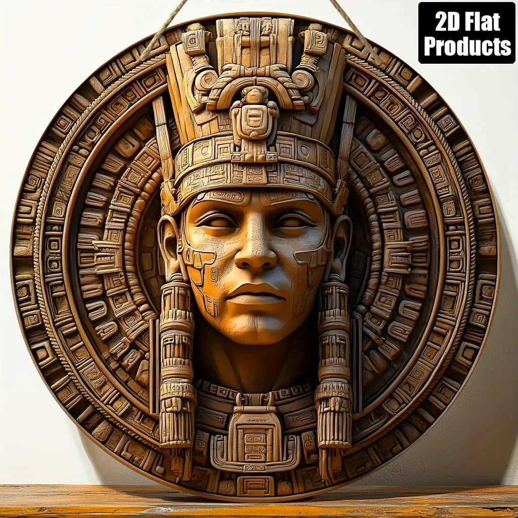 2D Flat, 1pc, Round Wooden Board Decorative Painting Sign, Aztec Maya Wall Art Theme, Suitable for Bar Kitchen Coffee Shop Home