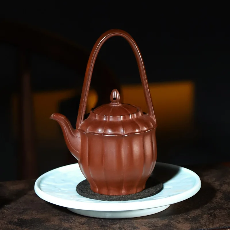 High-End Handmade Purple Tea Pot Made Raw Ore From Yixing Zhaozhuang Featuring Small Red Clay With Ribbed Patterns And A