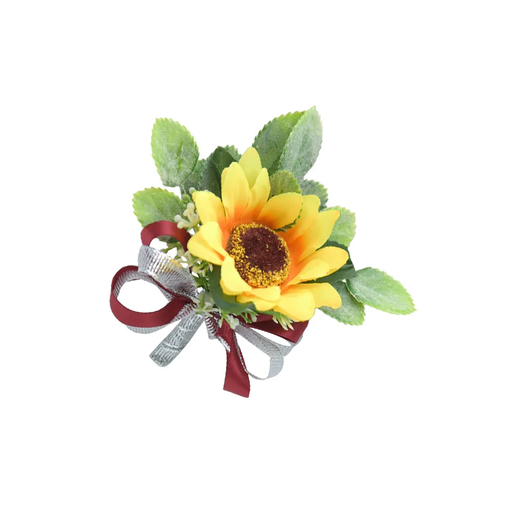 

1pc wedding Brooch Bride Groom Boutonniere Red Ribbon Artificial Flower Bridal Corsage Prom Party Accessory