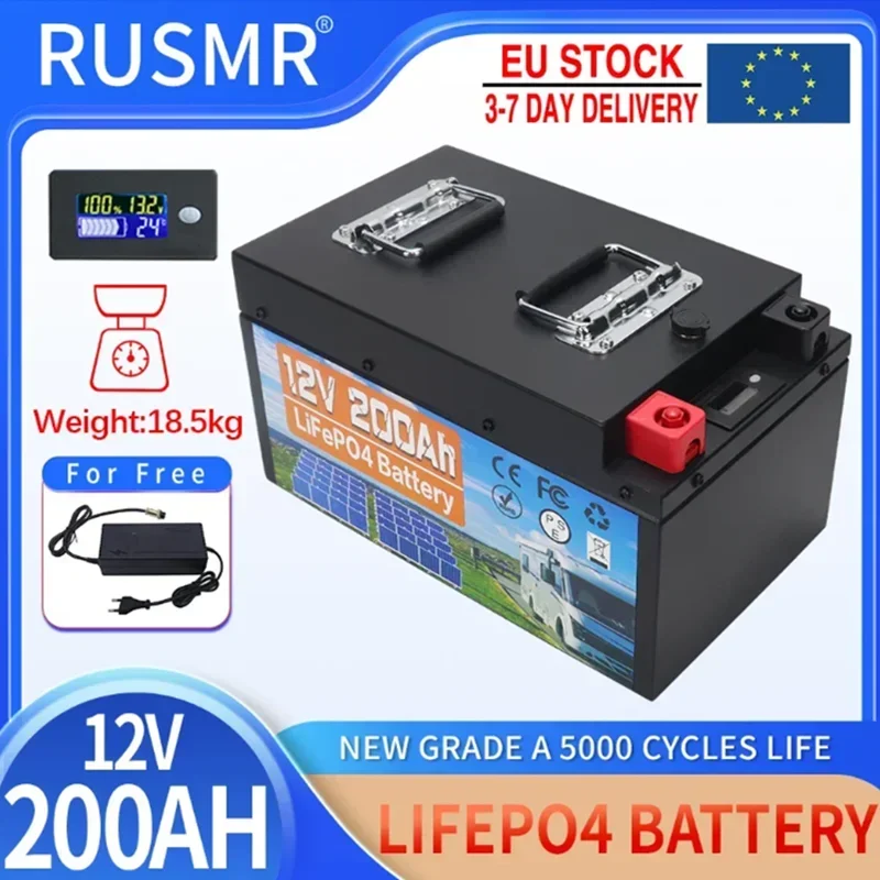 12V 200Ah LiFePO4 Lithium Iron Phosphate Battery Built-in BMS 6000 Cycles For Golf Cart Solar Inverter Boat Motor With Charger