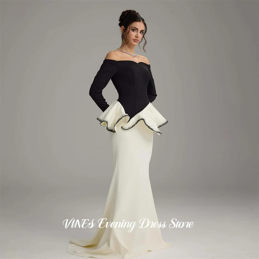 

VINES Black and Ivory Prom Dress Off Shoulder Gala Dress Mermaid Long Sleeve Party Gown Beaded Peplum Formal Dress Customized