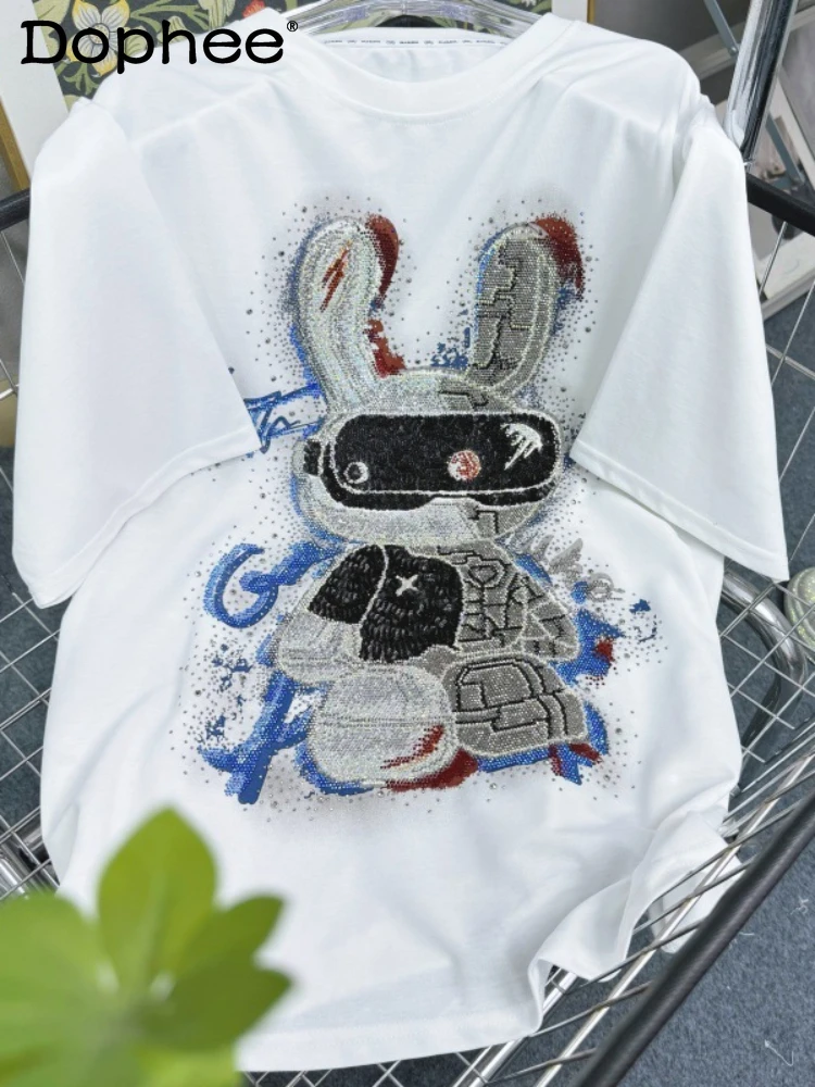 Loose Mid-Length Printed Rhinestones Rabbit Short Sleeve White T-shirt Women 2024 Summer New Round Neck Cartoon Half Sleeve Top