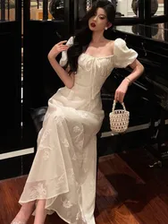 Puff Sleeve Evening Party Dress for Women Summer New Elegant Chinese Style Square Collar Lace-up A-line Long Vestidos Mujer