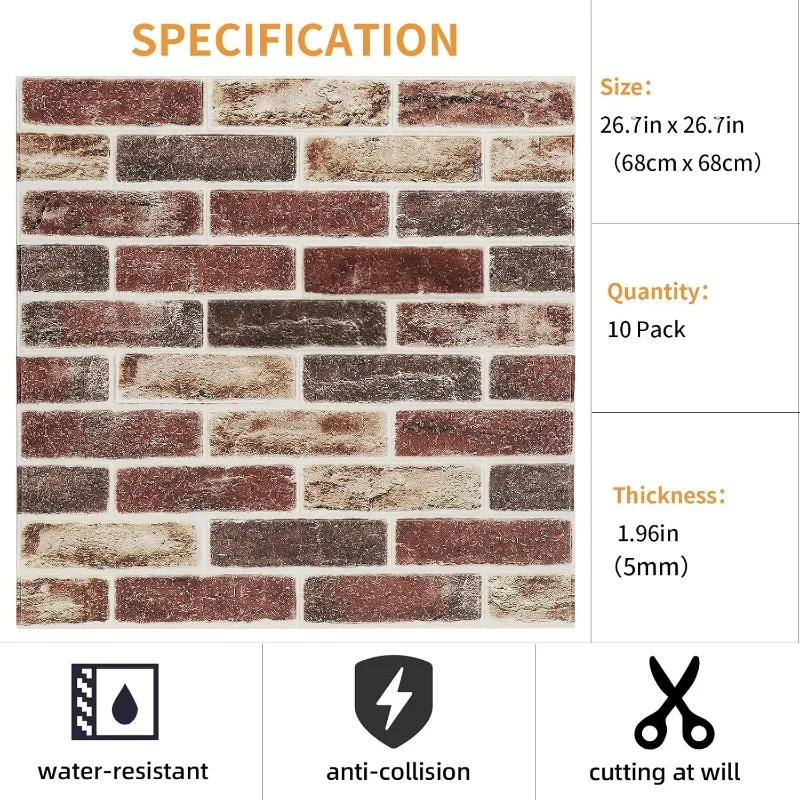 Faux Brick Tile 3D Strip Wall Paneling, Self-adhesive Artificial Stone Backsplash Waterproof Foam Panels , 20 PCS