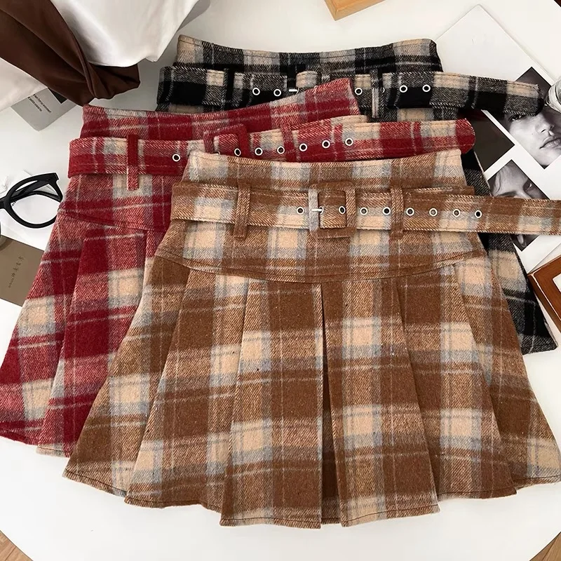 2026 New Vintage Korean High Waist Thickened Woolen Plaid A- Line Mini Skirt Women's Autumn Winter College Pleated Short Skirts
