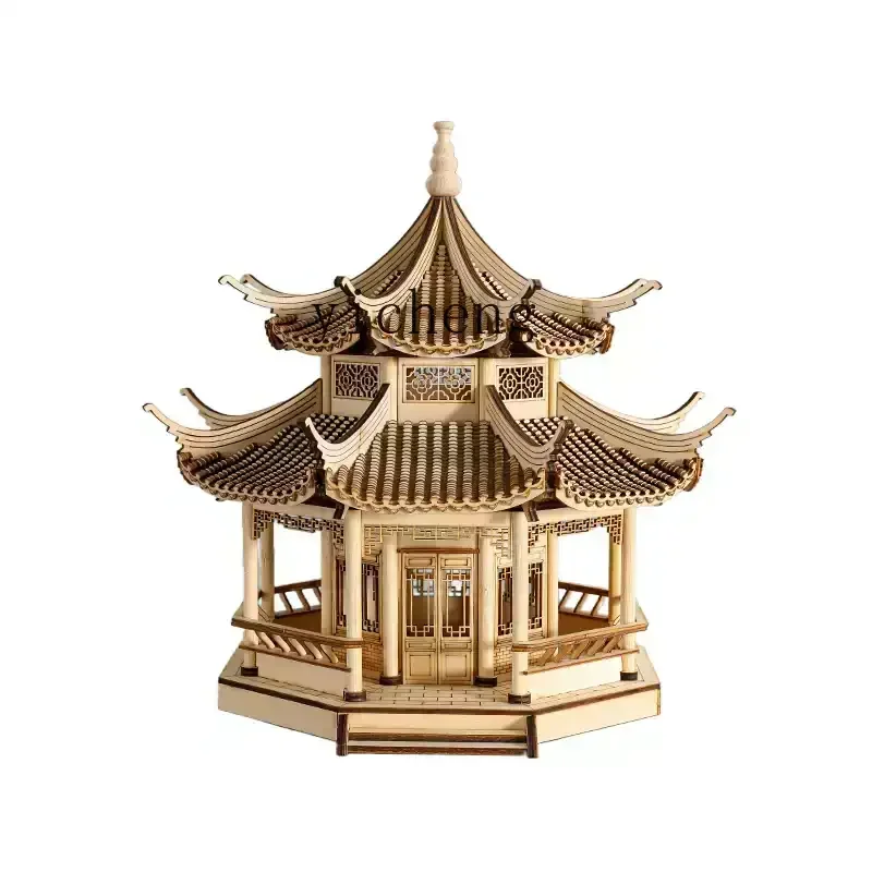 XL new Chinese Zen ancient building octagonal pavilion decoration, living room entrance soft decoration ornament