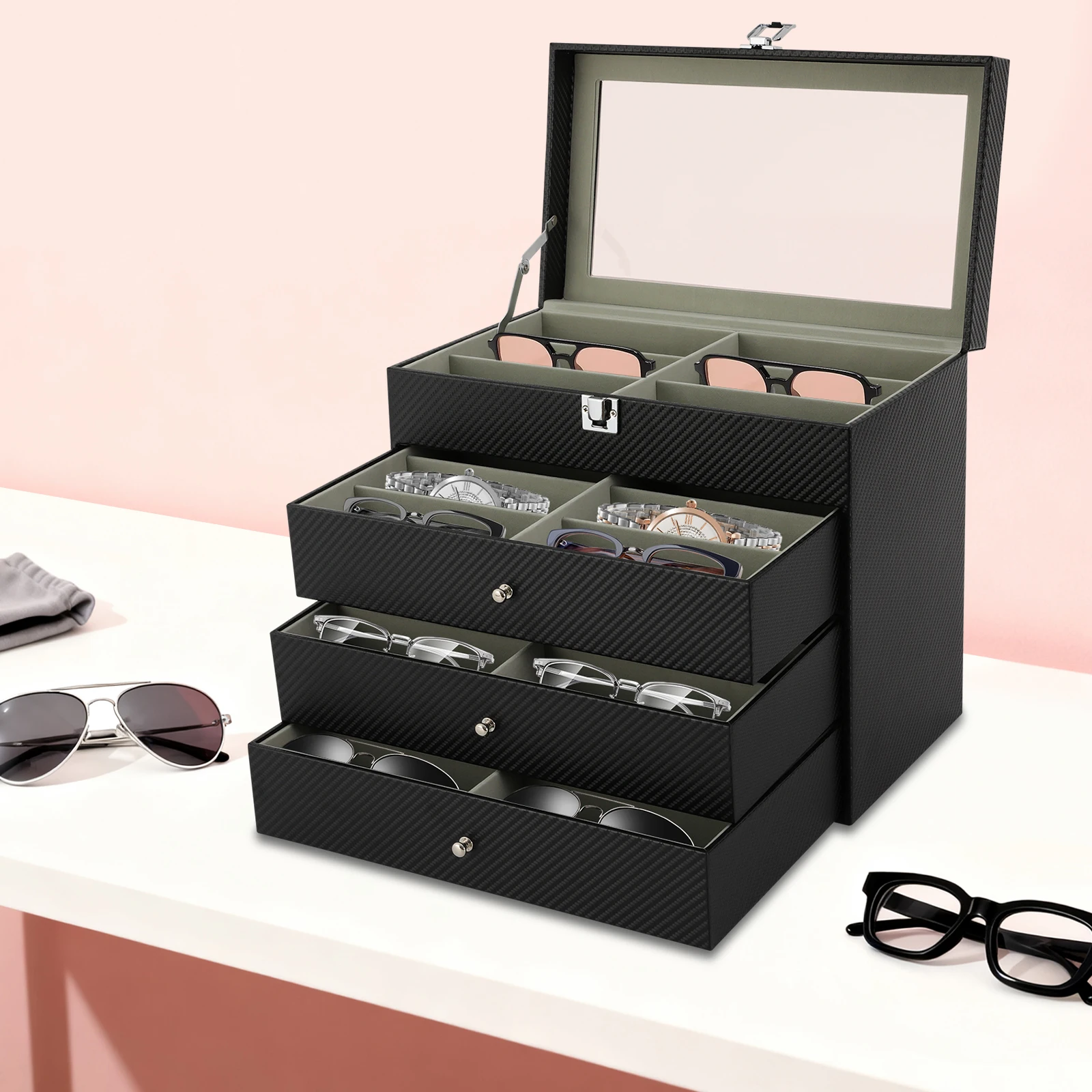 

Витрина-органайзер для очков и ювелирных изделий с крышкой, большой емкости, для хранения солнцезащитных очков и украшений