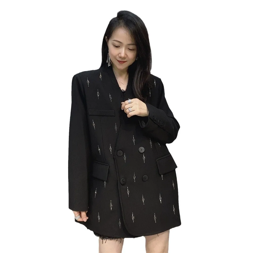 Fashion Lady Hot Drilling Suit Jacket New Autumn Winter Elegant Mid-long Double-breasted Women Loose Diamonds Blazers Black Coat