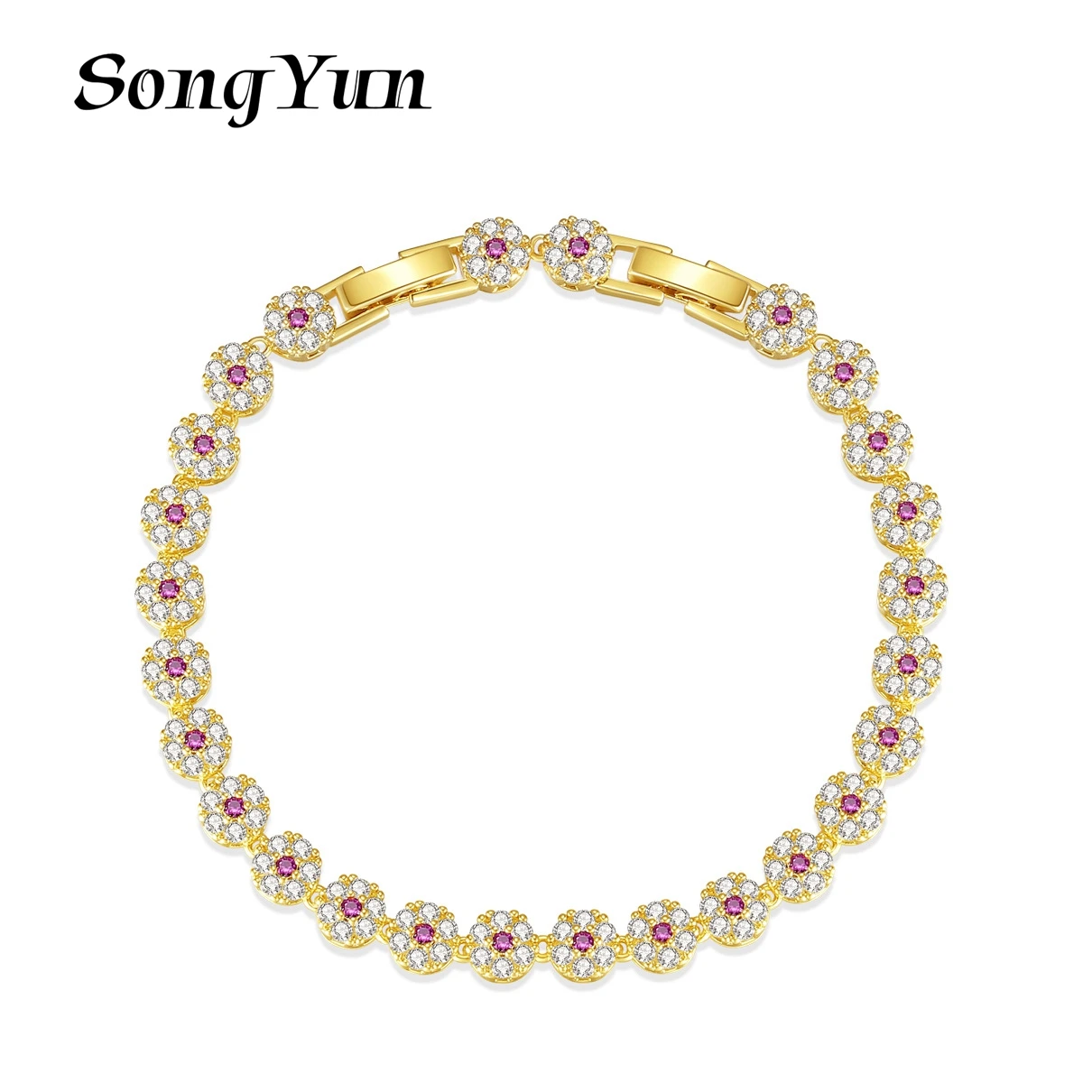 

Ювелирные изделия SongYun: Изысканный браслет MHT с микроинкрустацией цирконами в виде цветка, трансграничная теннисная цепочка с двойной застежкой
