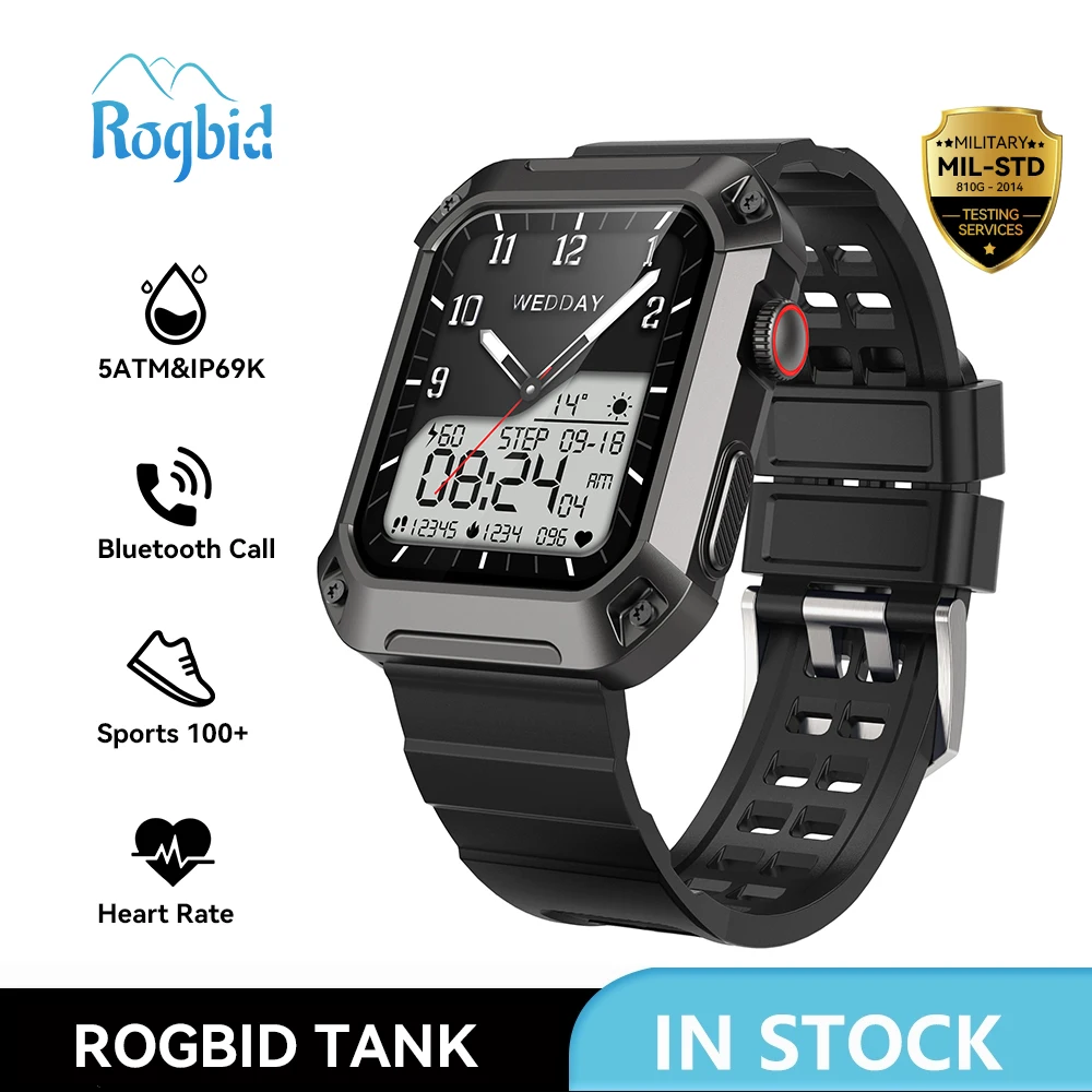 Rogbid TANK Military Smartwatch Men's 5ATM Waterproof Rugged Outdoor Sports Fitness Tracker Make Call Bluetooth Smart Watch