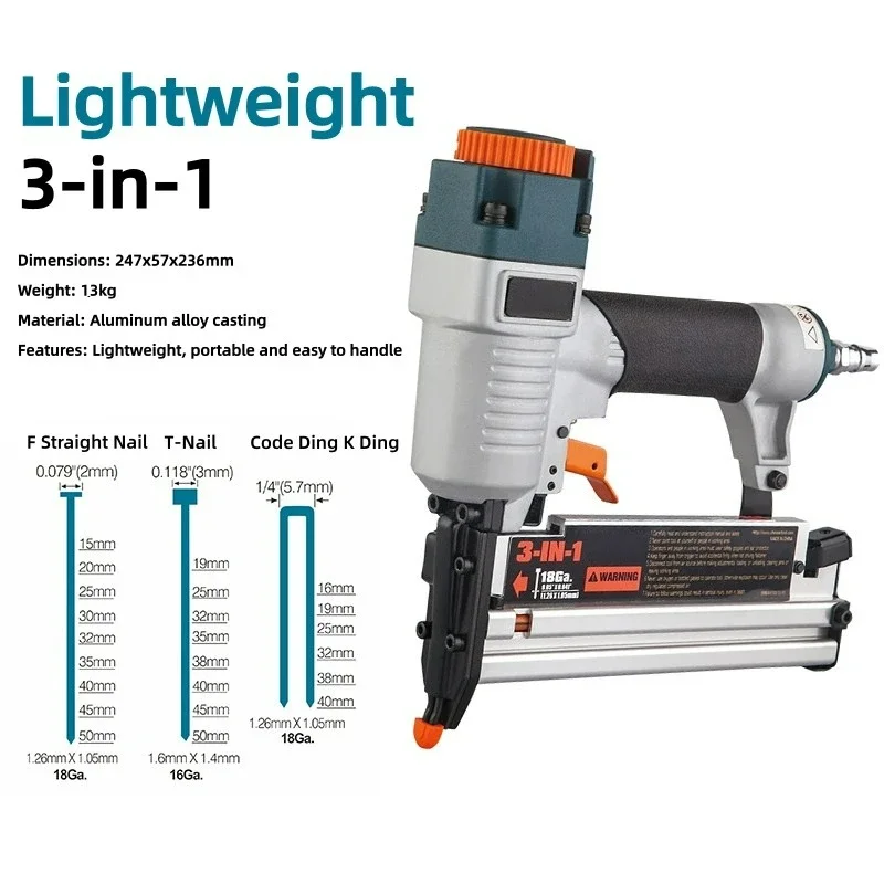 3‑in‑1 Pneumatic Nail Gun Multi‑Function Woodworking Air Nailer Apparatus Straight‑Nail‑Crown‑Staple‑Pneumatic‑Fastening