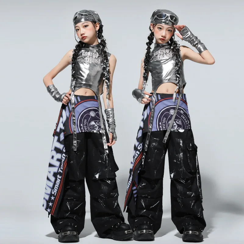 Hip Hop Girls Shiny Crop Top Silver Dance Graffiti Cargo Pants Kids K-pop Streetwear Costumes Child Jazz Girl Group Clothes Sets