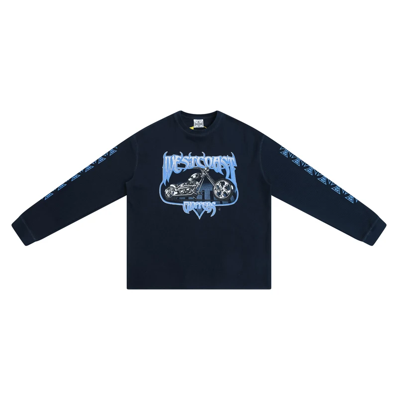 Stock High Quality Real Picture Long Sleeved Tops Tee Breathable Waffle Fabric Motorcycle Print Round Neck West Coast T-shirt