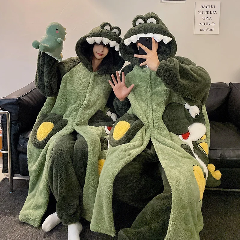 Winter Women Night-robe Kawaii Dinosaur Sleepwear Hooded Plush Soft Warm Thicken Men Nightgown with Pants Pajamas 2PCS Pijamas