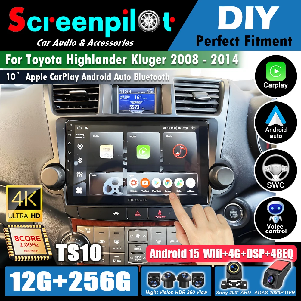 Radio Multimedia para Auto Android 16 para Toyota Highlander Kluger 2008-2014, Reproductor de Video, 5G Carplay, WIFI, GPS, Navegación, Pantalla Táctil