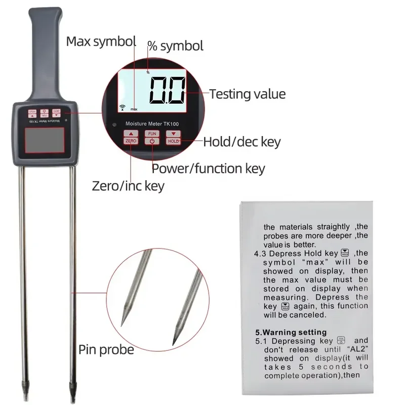 Portable TK100 Moisture Meter Digital Humidity Tester for Grain Herbs Grass Wheat Bran Animal Feed Fiber Material Testing