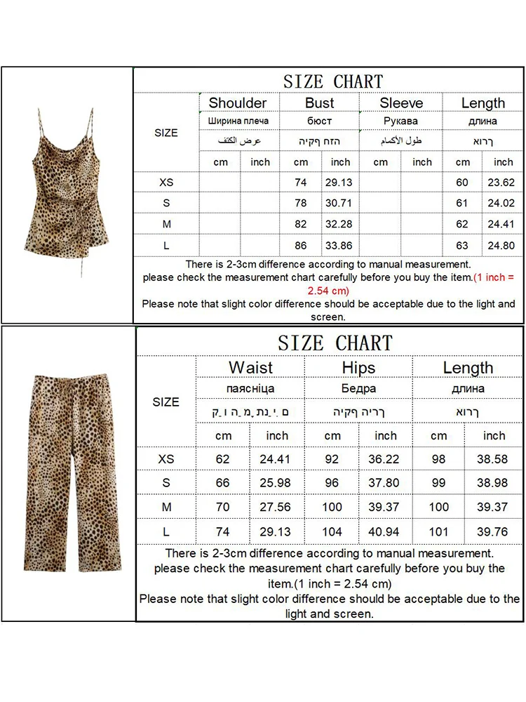 TRAF 2 Piece Fashion Women Leopard Print Pant Sets Asymmetrical Camisole Tops With Belt +Casual Drawstring  Wide Leg Pants Suit