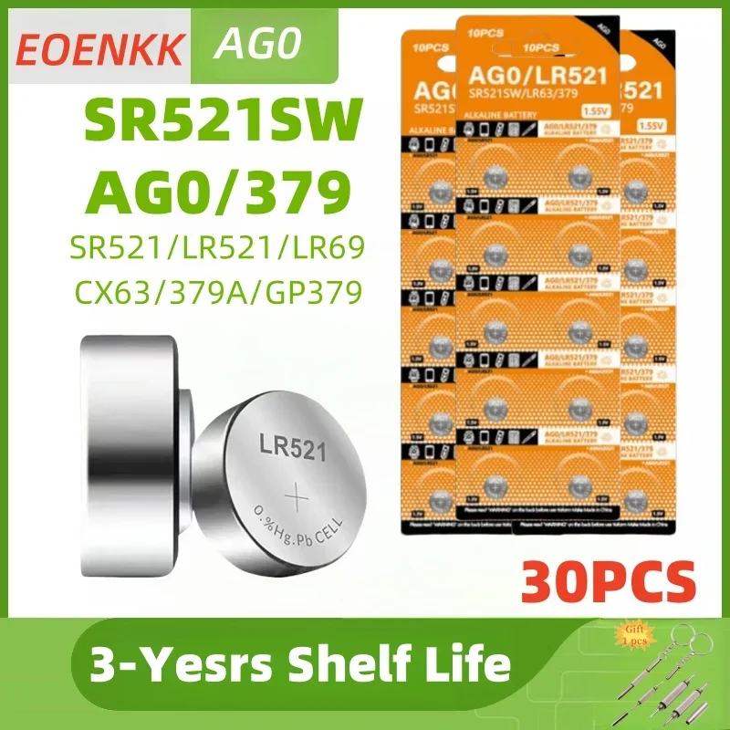 

30PCS LR521 AG0 379 Button Batteries SR521SW 379A 1.5V Alkaline Coin Cell 179 D379 SR63 Silver OxideWatch Battery