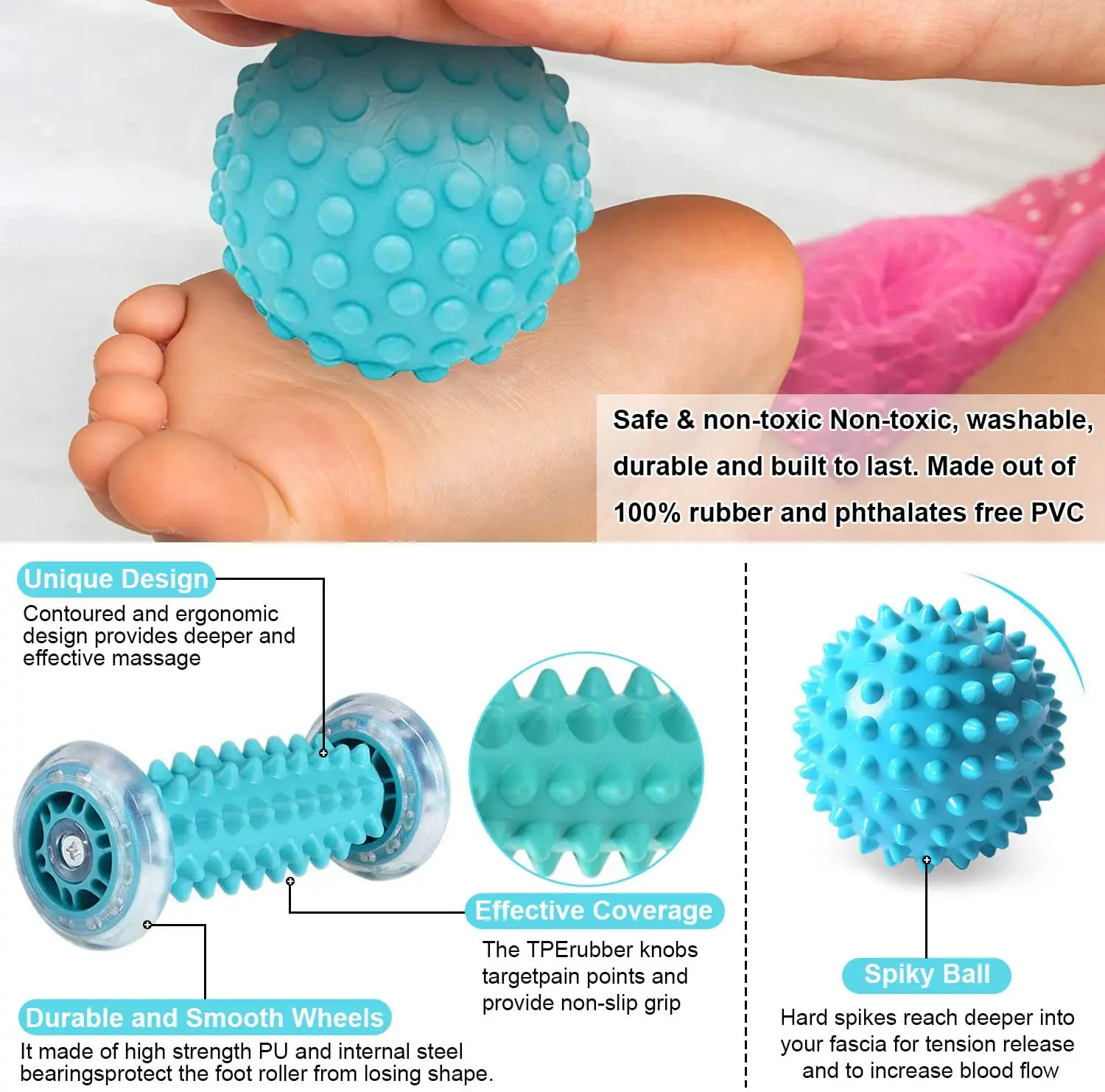 Foot Massage Roller Spiky Ball for Plantar Fasciitis Relief,Trigger Point Muscle Roller in Different Degree of Hardness for Foot