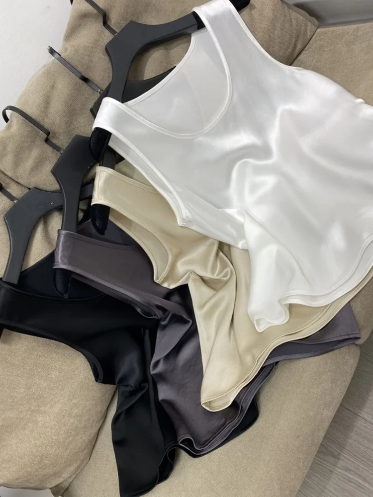 

Silky Acetate Satin U-Ne Vest Summer Commute Versatile Smooth Svel Cover Belly Strap Women's Faion ort Straight Cut
