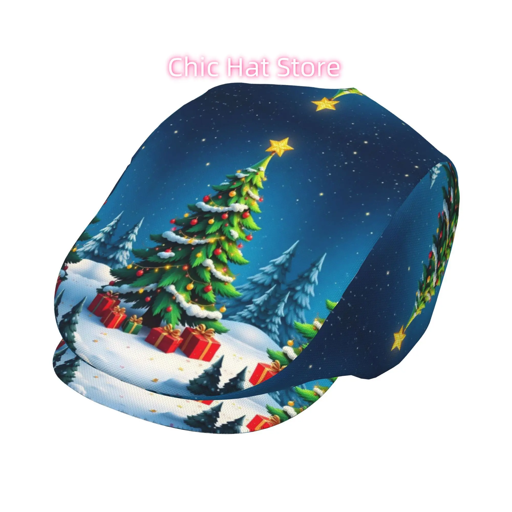 1pc of Christmas Tree Gifts Featuring a Snowy Night Design, Suitable for Both Men And Women. These Include Newsboy Caps, Berets,