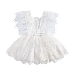 Newborn Baby Girl Lace Romper Dress Infant Ruffles Feather Tassel Sleeve Backless Jumpsuit Tulle Tutu Skirt 1st Birthday Girl