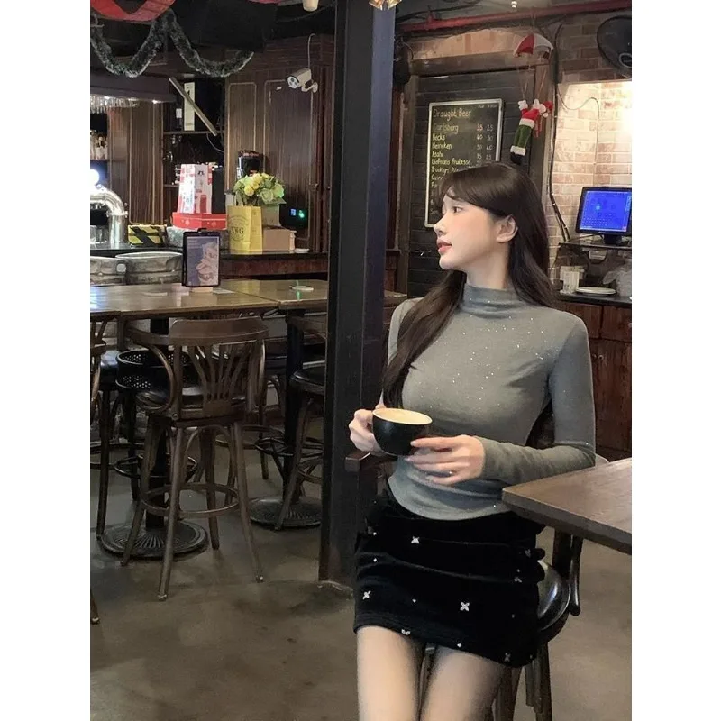 Sequined Semi-turtle Collar German Velvet Long-sleeved T-shirt for Women in Autumn Winter Slimming Pleated Short Hot Girl Top