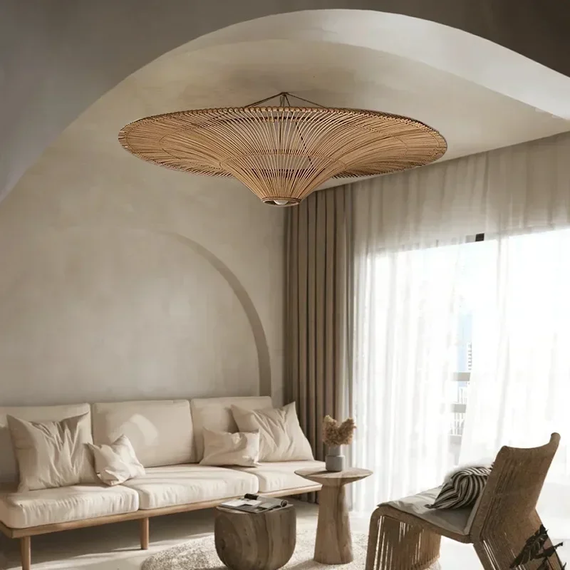 Japanese Wabi Sabi Rattan Pendant Light Handmade Chandelier for Living Room  Restaurant Decor Natural Straw Hat Ceiling Lamp