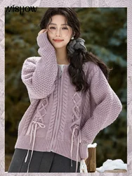 MISHOW Bow Knitted Cardigan Fried Dough Twists Wollens Sweater Winter Women Zipper Ribbon Design Warm Bejirog Coat MXD56Z1002