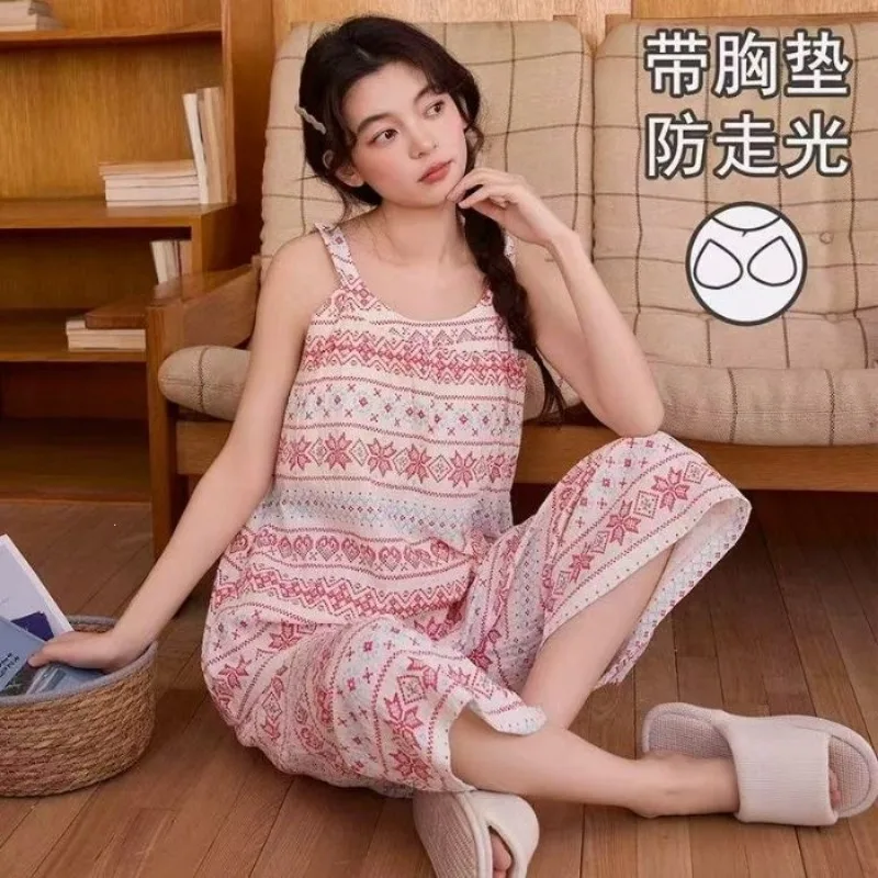 New Women Summer Loungewear Padded Cami Top Girls Lady Capris Lightweight Homewear Soft Comfortable Pajamas Pants Ladies Loose