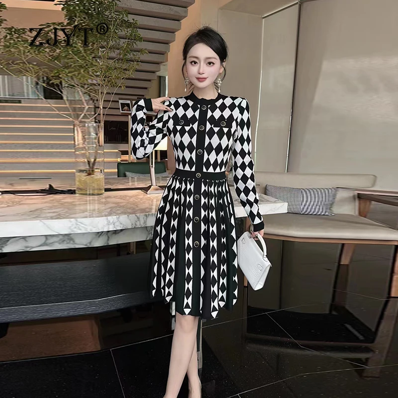 

ZJYT Autumn Winter Plaid Knitting Sweater Dresses for Women 2024 New Designer Long Sleeve Buttons Casual Vintage Dress Knitwears