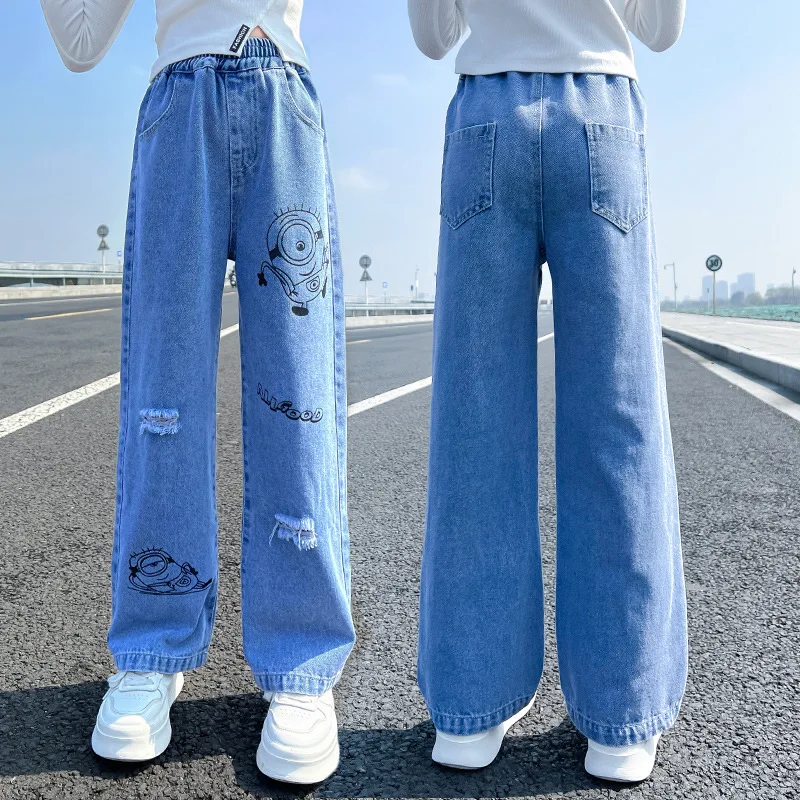 New Autumn 2-12 Years Kid Girls Jeans High Waist Loose Letter Print Baby Girls Trousers Straight Elastic Children Girls Pants