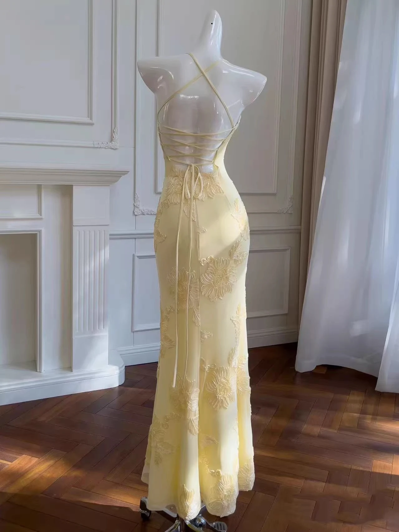 Vestido largo de Jacquard albaricoque Flora Slash Meck para mujer, sin mangas, con tirantes, elegante, Vintage, ceñido al cuerpo, ropa larga elegante para mujer