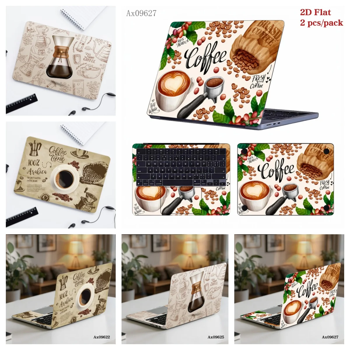 2Pcs Vintage Coffee Laptop Skin Stickers Self‑Adhesive Anti‑Scratch Waterproof Cover for 13‑16 Inch Notebook Protection Sticker