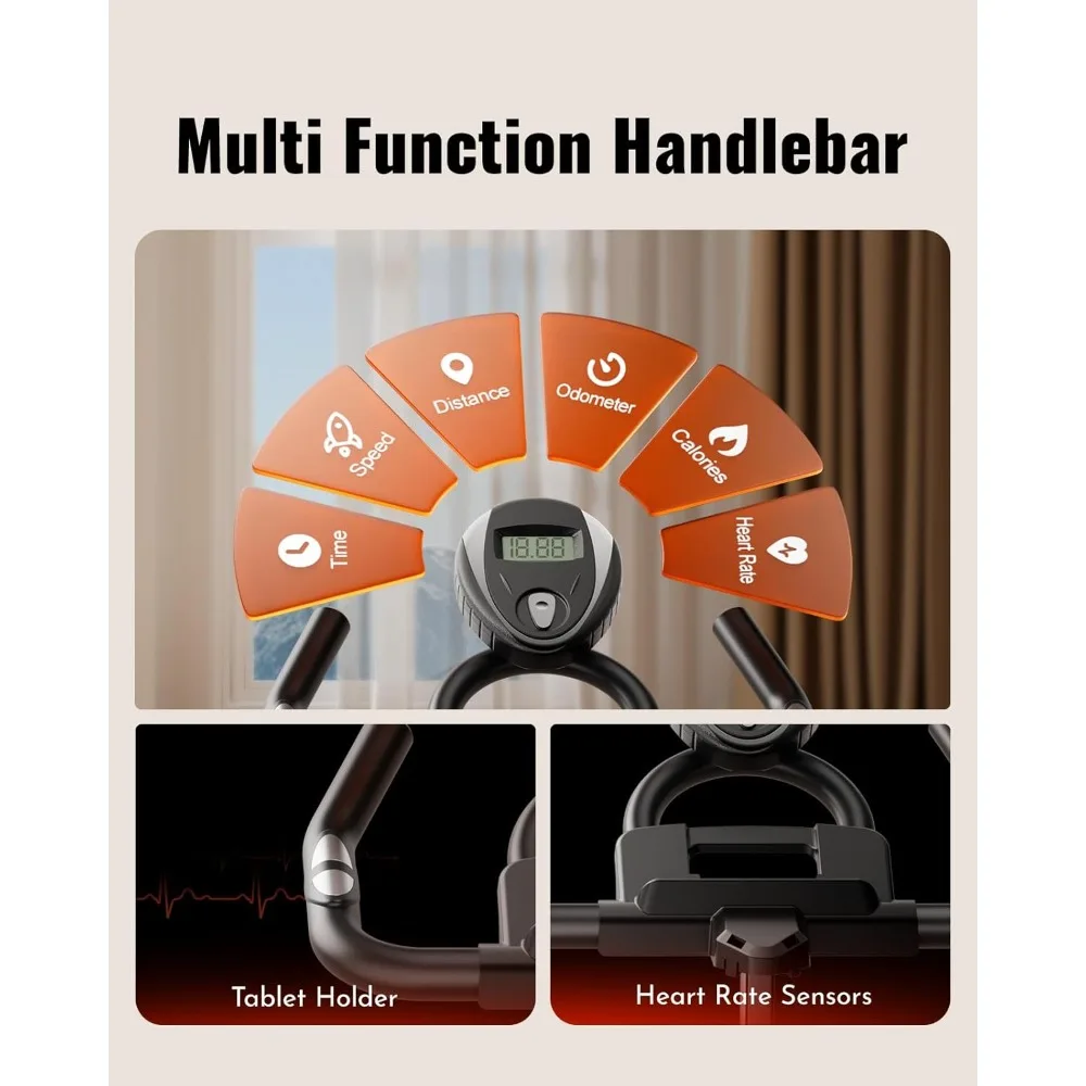 دراجة تمرين، دراجات ثابتة منخفضة الضوضاء للمنزل، وسادة فرامل قابلة للتعديل، دراجة ركوب الدراجات في الأماكن المغلقة بسعة 300 رطل، ثنائية تمرين مدمجة #5