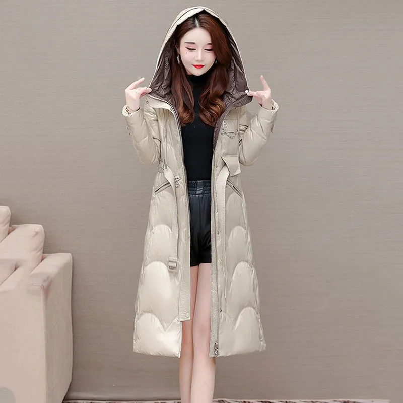 Long Fashion Hooded Down  Women's  Winter New Belt Slim Simple Warm White Duck Down Casual All-match  Women's Trend