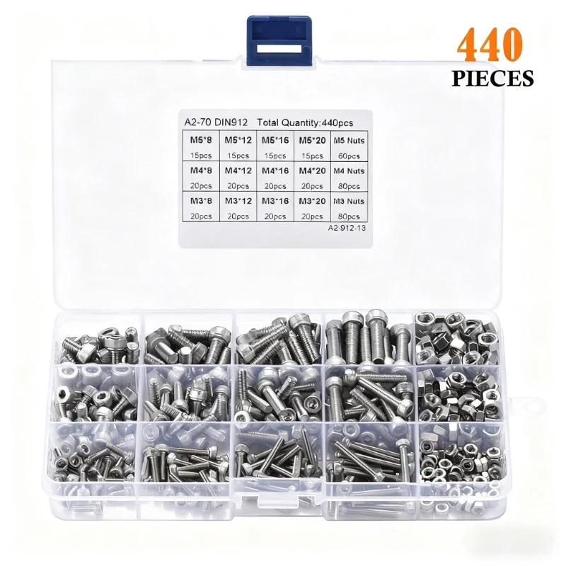 440Pcs screw set ,304 Stainless Steel Hexagon Hex Socket cap round Head Screws bolts nuts M3 M4 M5 Assortment Kit for fpv drones