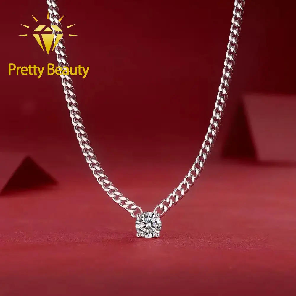 Pretty Beauty Moissanite Solitaire Cuban Chain Necklace for Women Men 925 Silver Hip Hop Diamond Pendant Necklace Luxury Jewelry