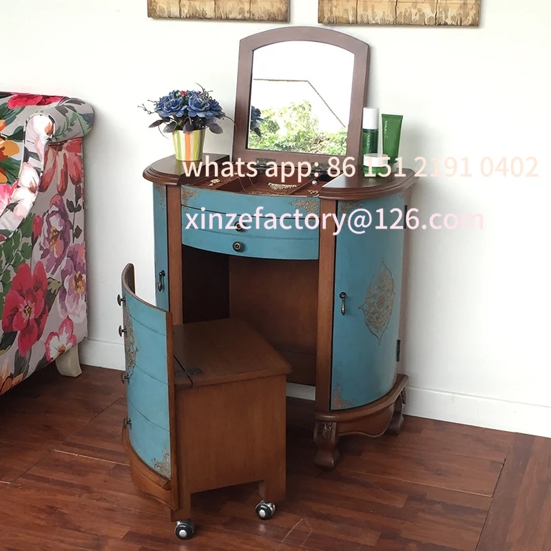 

Customizable Vanity Table Dest Natural Wooden Corner Drawer Makeup Vanity Desk Mirror Vintage Coiffeuse Chambre Ho