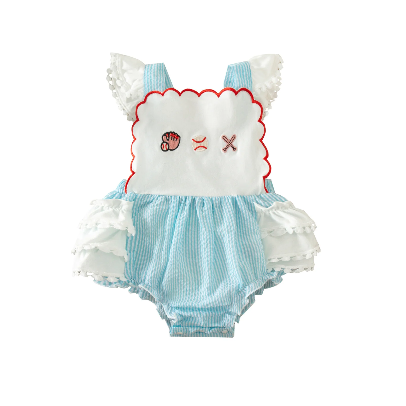 Ready To Ship Lace Fly Sleeve Baby Girl Clothes Baseball Embroidery Boutique Infant Bubble Romper Summer Newborn Clothes
