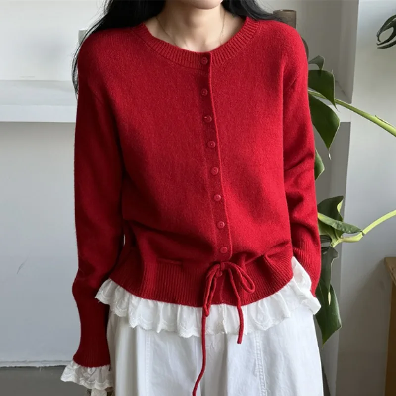 Elegant Autumn Winter Long Sleeve Knitted Sweater Women's round Neck Lace Trim Drawstring Waist Corduroy Patchwork Top