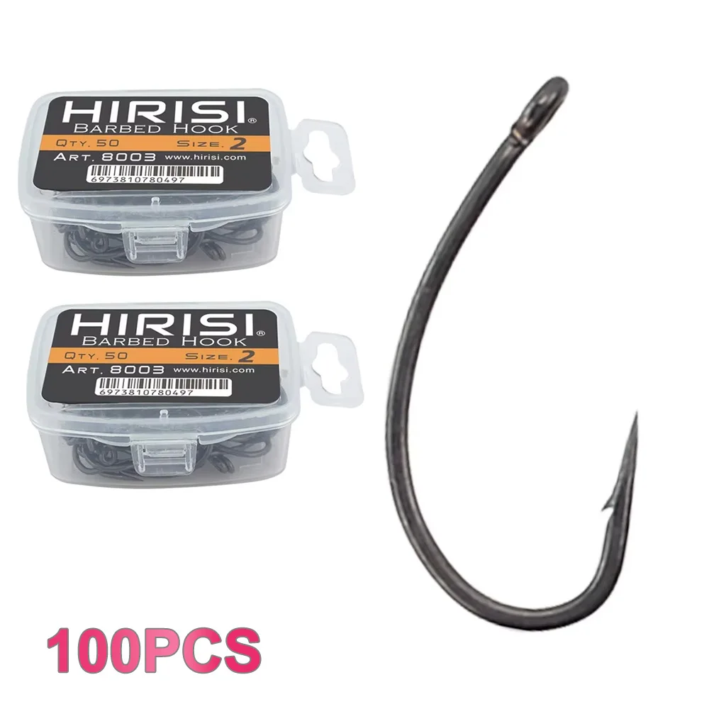 Hirisi 100pcs High Carbon Steel Barbed Carp Hooks PTFE Coated With Original Box High Quality Fishing Accessories Novelties 8003