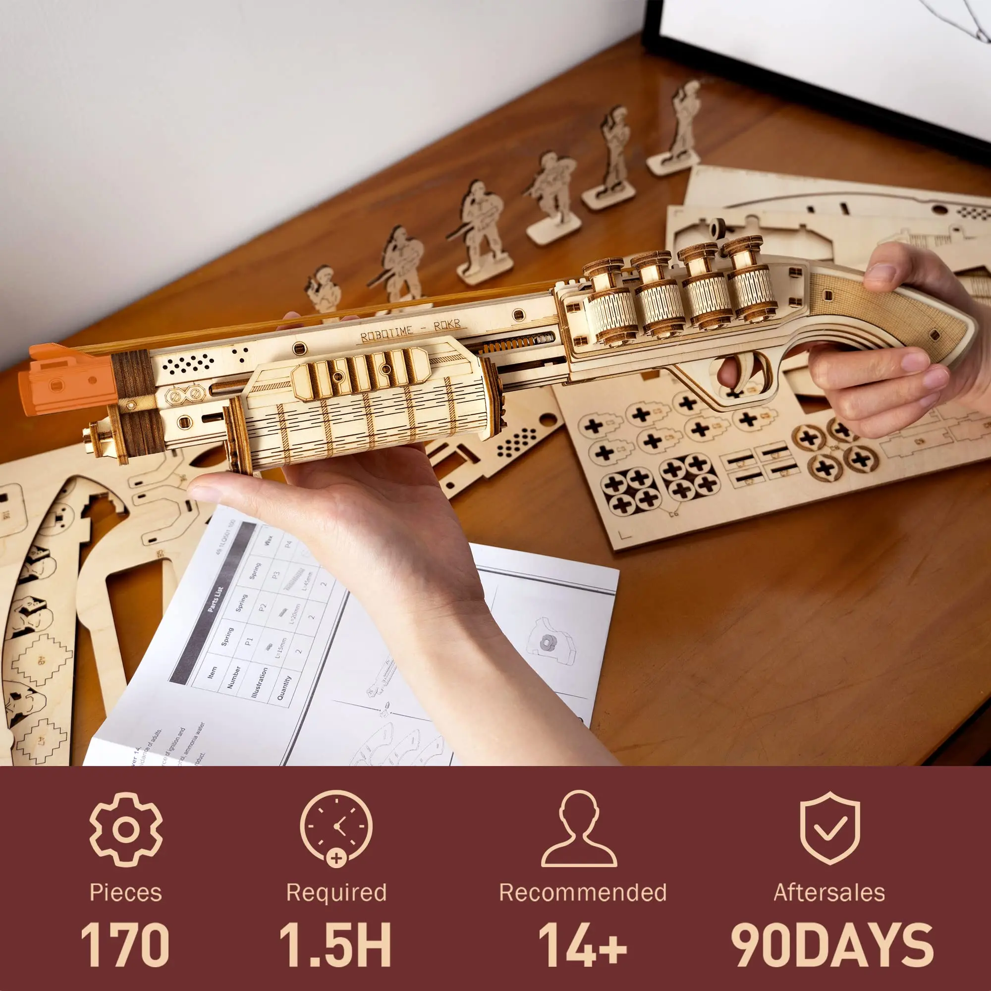 Robotime Rokr DIY Revolver,Scatter with Rubber Band Bullet  Wooden Model Building Block Kit Assembly Toy Gift for Children Adult