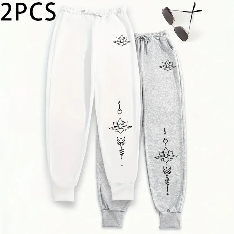 2 قطعة Sweatpants النساء عادية باطني لوتس رمز طباعة رياضي سراويل للجري الخريف الشتاء المنزل في الهواء الطلق الراحة بنطلون 2 حزمة #3