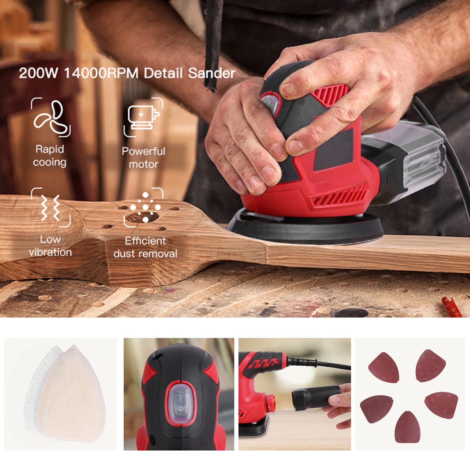 

200W 1.6A 14000 RPM Compact Detail Sander Efficient Dust Collection w/2 Polishing Pads 20 Sandpapers Tight Spaces Sanding